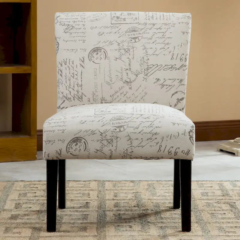 Taupe & Cream Script Fabric Accent Chair, Single Seat, Espresso Wood Legs