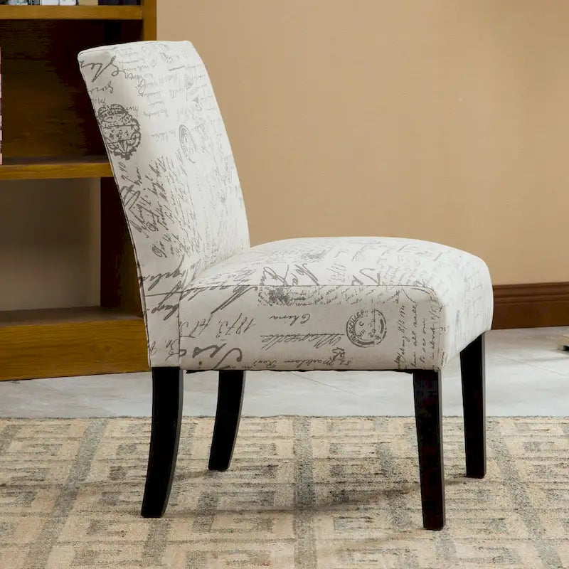Taupe & Cream Script Fabric Accent Chair, Single Seat, Espresso Wood Legs