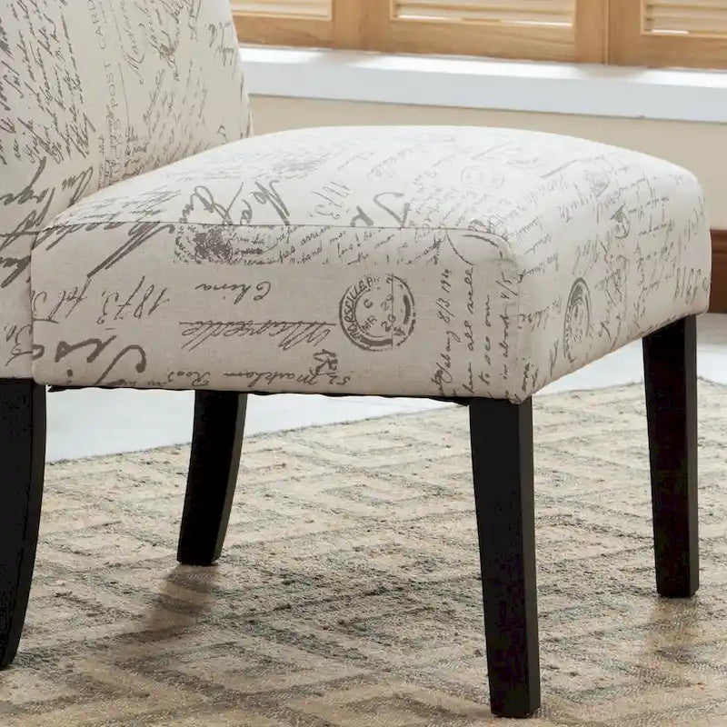 Taupe & Cream Script Fabric Accent Chair, Single Seat, Espresso Wood Legs