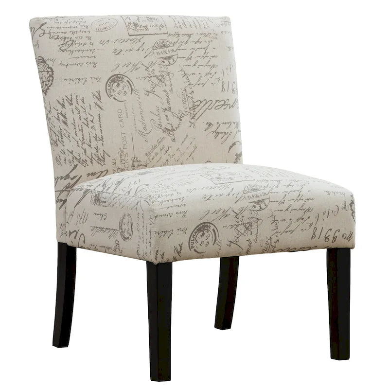 Taupe & Cream Script Fabric Accent Chair, Single Seat, Espresso Wood Legs