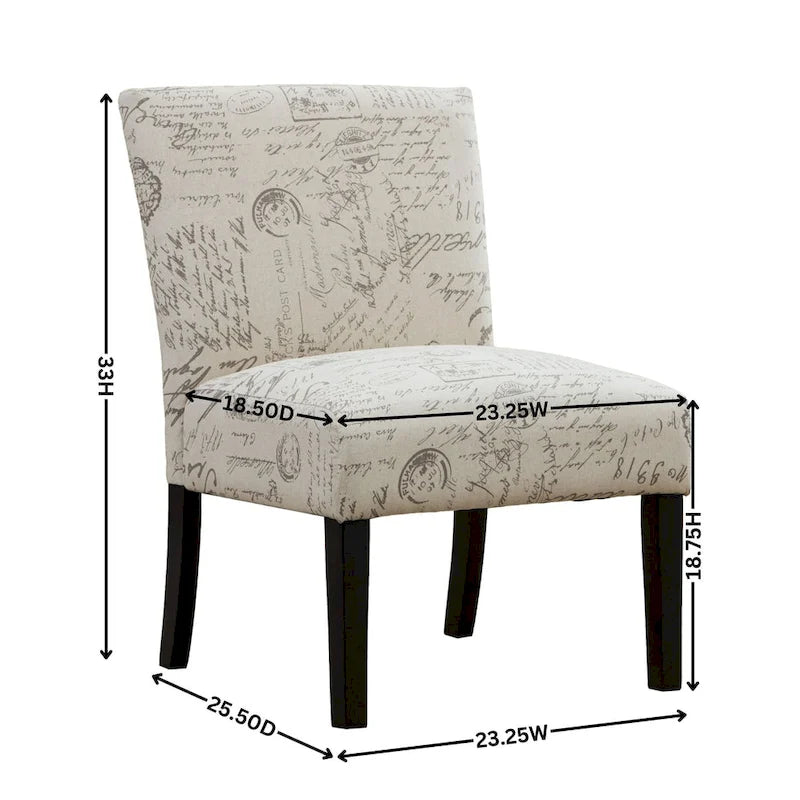 Taupe & Cream Script Fabric Accent Chair, Single Seat, Espresso Wood Legs