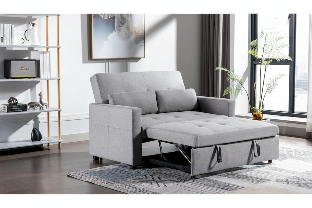 Light Grey, 3-in-1 Linen Loveseat Sofa Bed, 2-Person