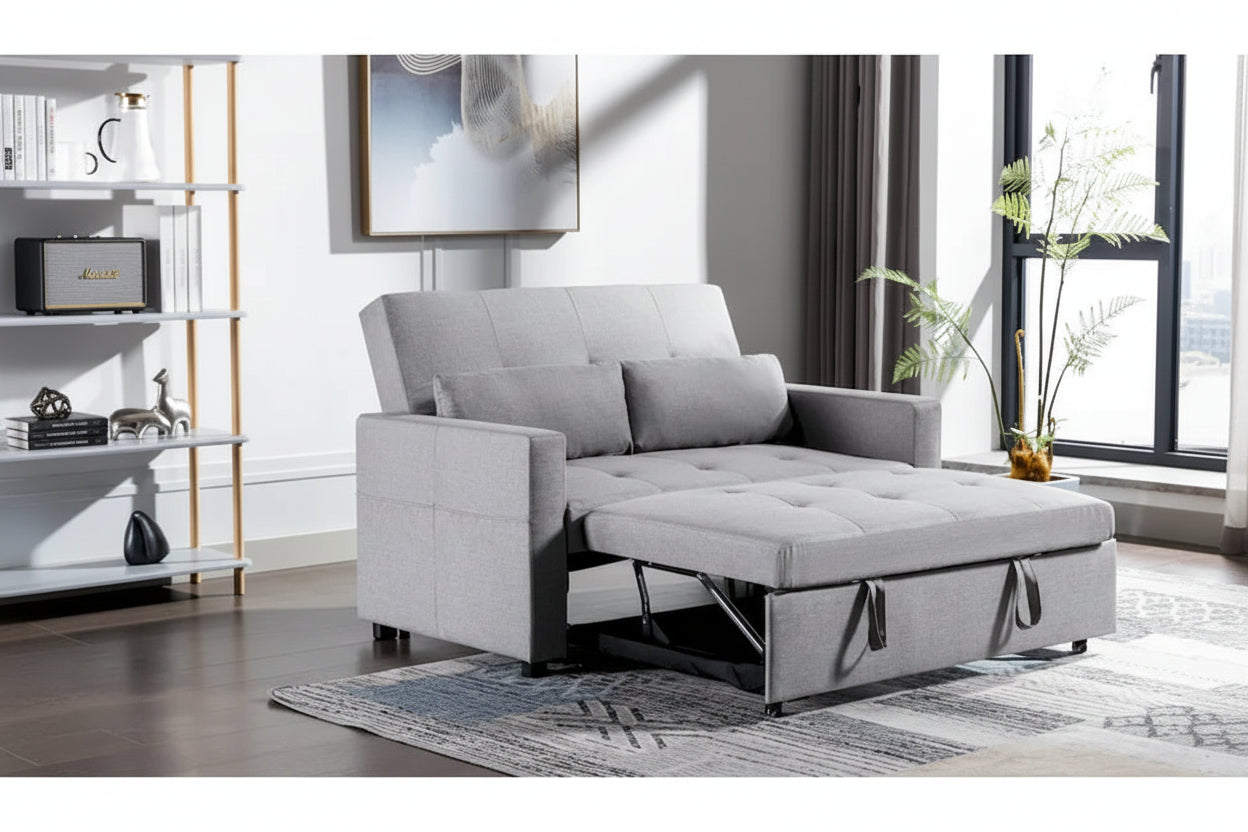 Light Grey, 3-in-1 Linen Loveseat Sofa Bed, 2-Person