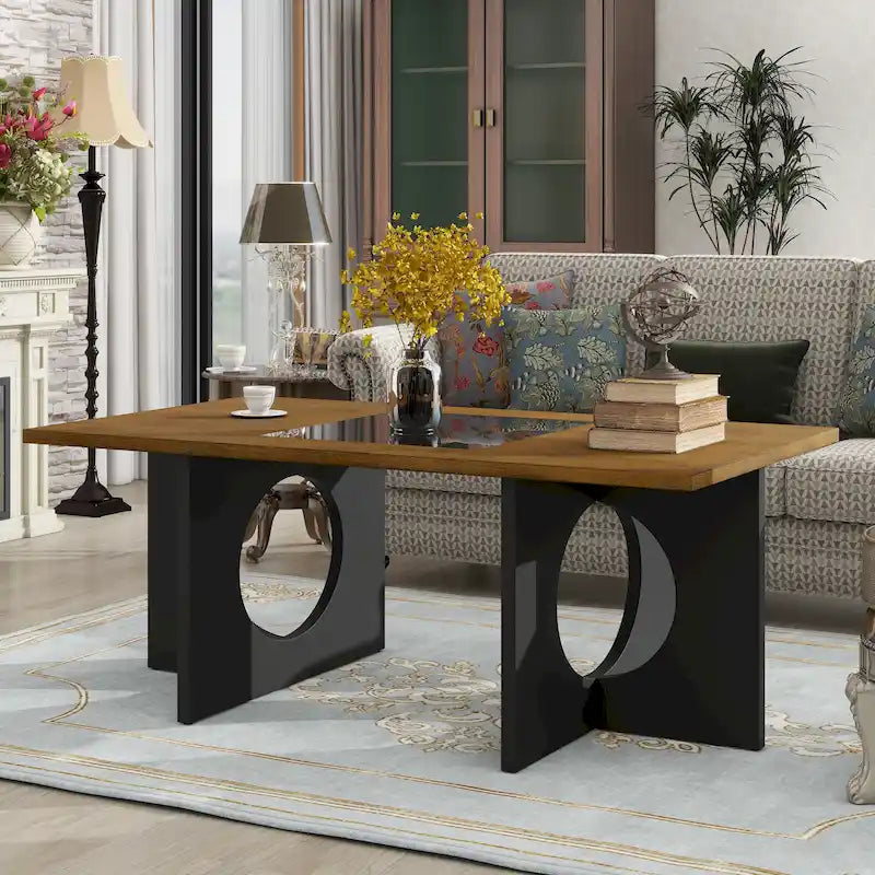 47" Rectangular Coffee Table, Black / Light Espresso, MDF & Tempered Glass Top