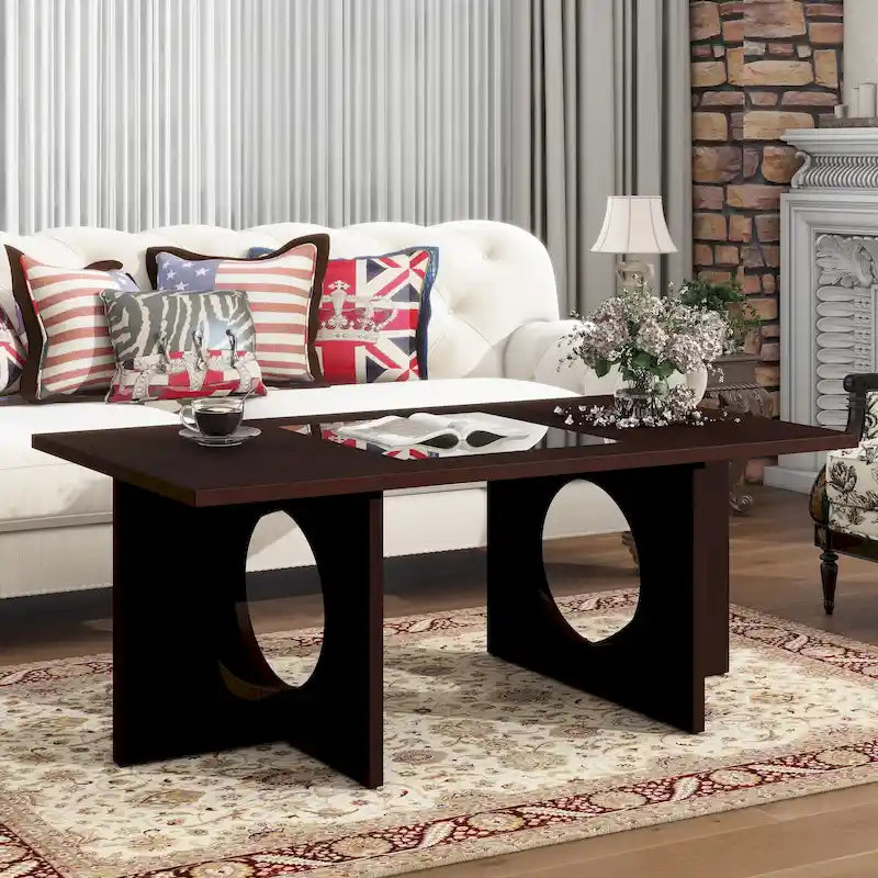 47" Rectangular Coffee Table, Black / Light Espresso, MDF & Tempered Glass Top