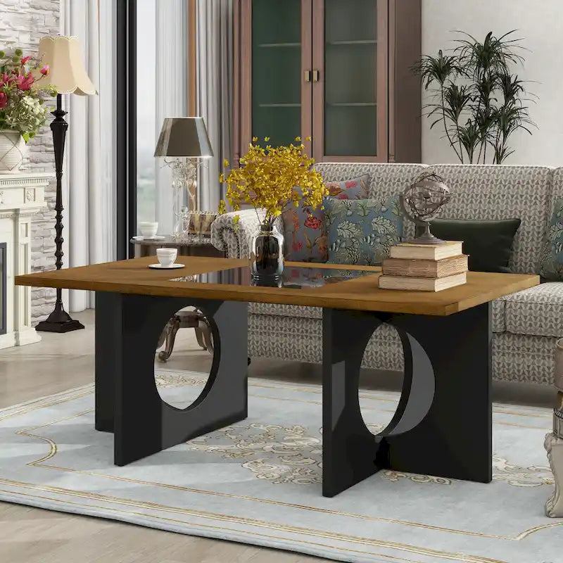 47  Contemporary Wood Rectangular Coffee Table with Clear Tempered Glass Top, Black and Light Espresso Top