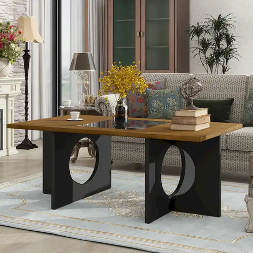 47  Contemporary Wood Rectangular Coffee Table with Clear Tempered Glass Top, Black and Light Espresso Top