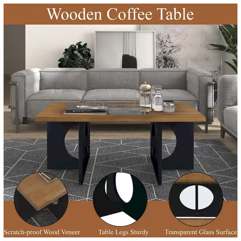 47" Rectangular Coffee Table, Black / Light Espresso, MDF & Tempered Glass Top