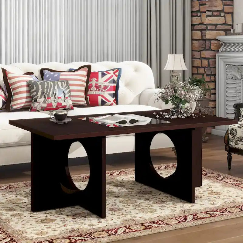 47" Rectangular Coffee Table, Black / Light Espresso, MDF & Tempered Glass Top