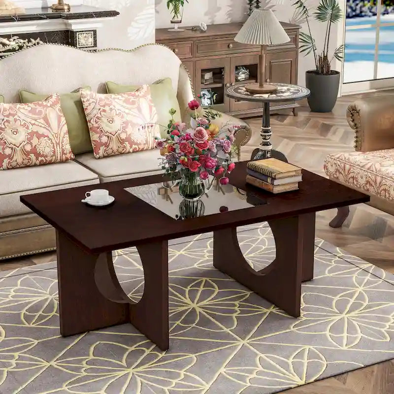 47" Rectangular Coffee Table, Black / Light Espresso, MDF & Tempered Glass Top