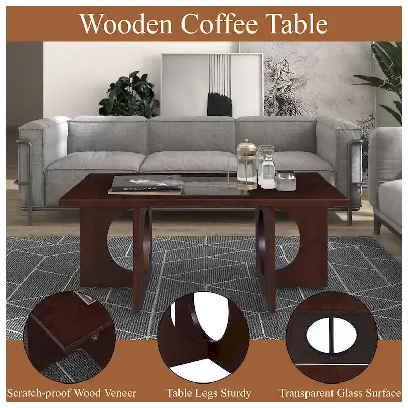 47" Rectangular Coffee Table, Black / Light Espresso, MDF & Tempered Glass Top