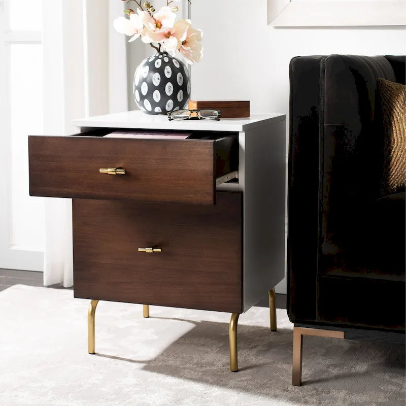 Walnut & White 2-Drawer Nightstand with Gold Pulls, Single