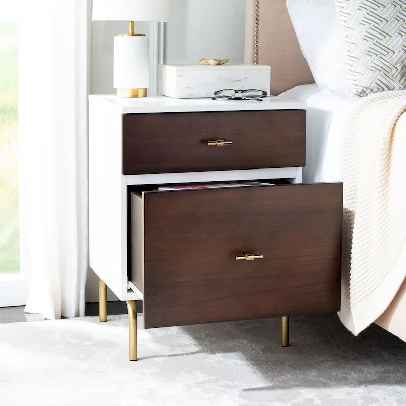 Walnut & White 2-Drawer Nightstand with Gold Pulls, Single