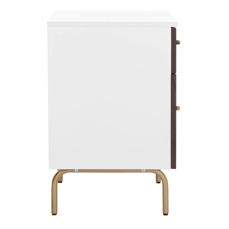 Walnut & White 2-Drawer Nightstand with Gold Pulls, Single