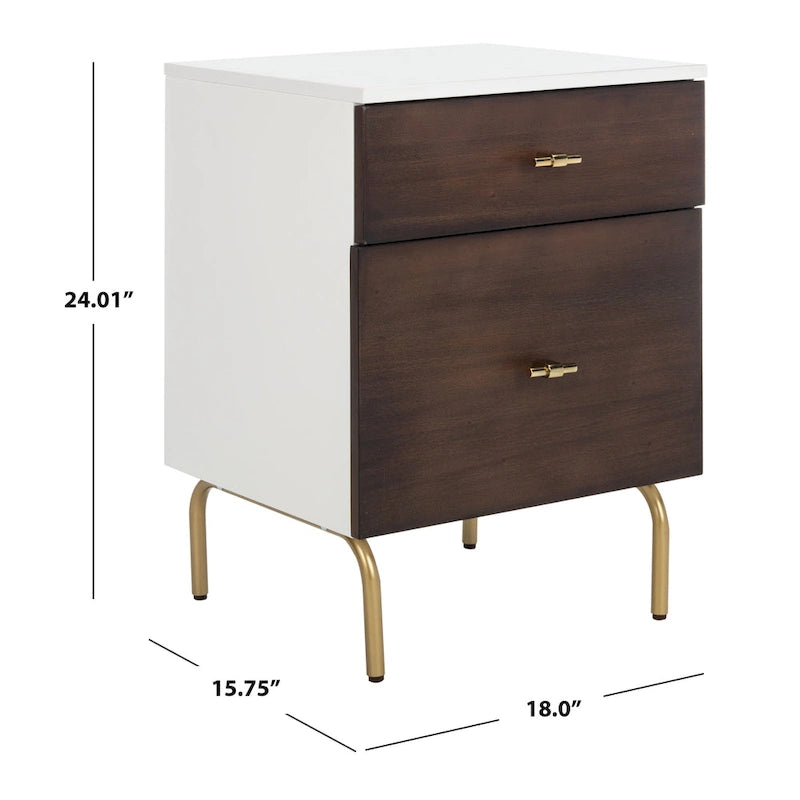 Walnut & White 2-Drawer Nightstand with Gold Pulls, Single