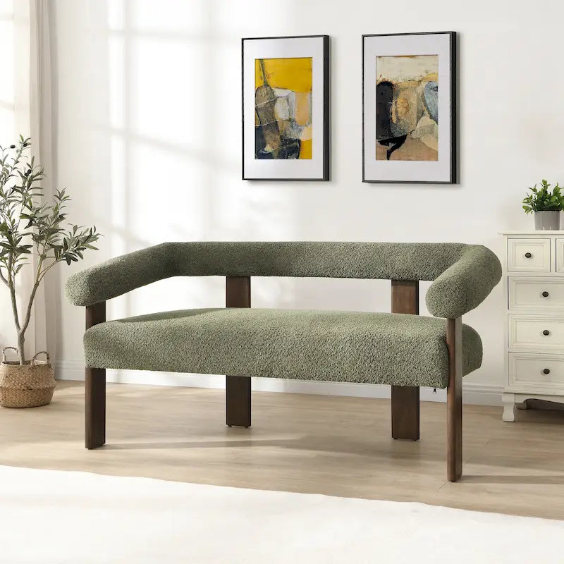 Green/Brown Round Armrest Upholstered Loveseat, 2-Seat, Rubberwood Frame