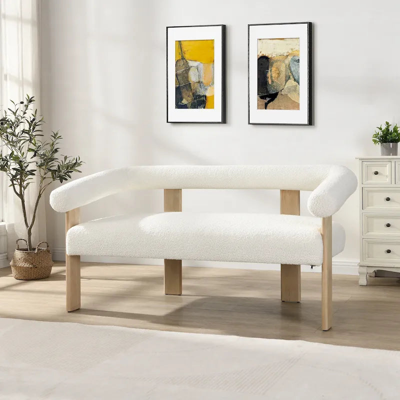 Green/Brown Round Armrest Upholstered Loveseat, 2-Seat, Rubberwood Frame