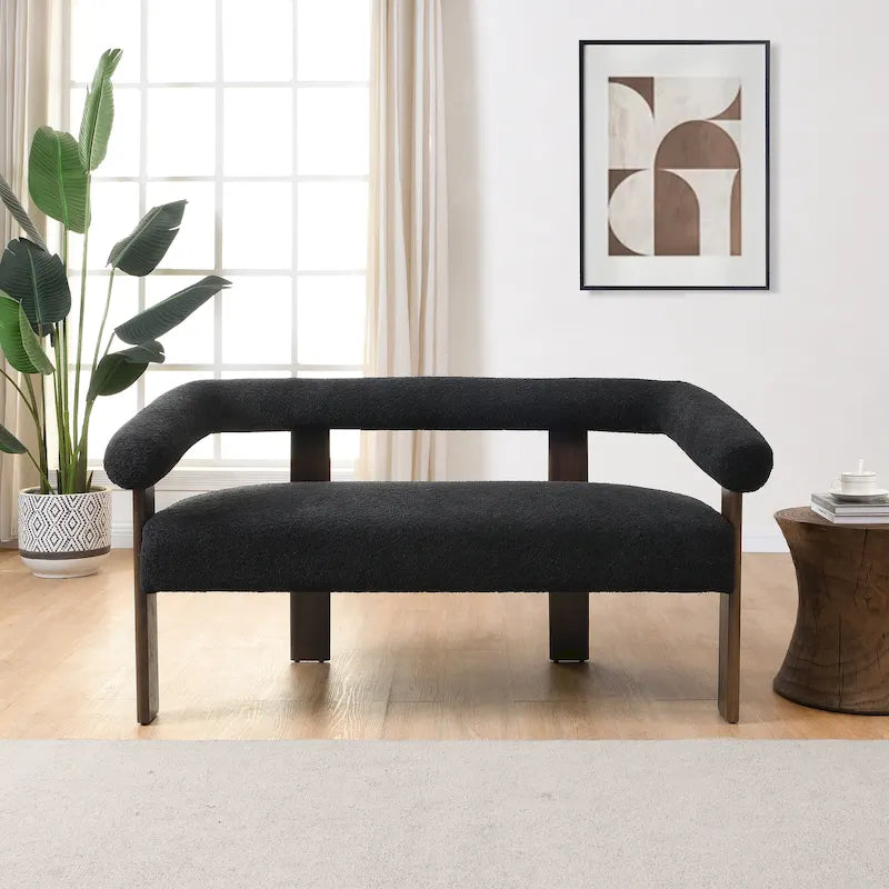 Green/Brown Round Armrest Upholstered Loveseat, 2-Seat, Rubberwood Frame