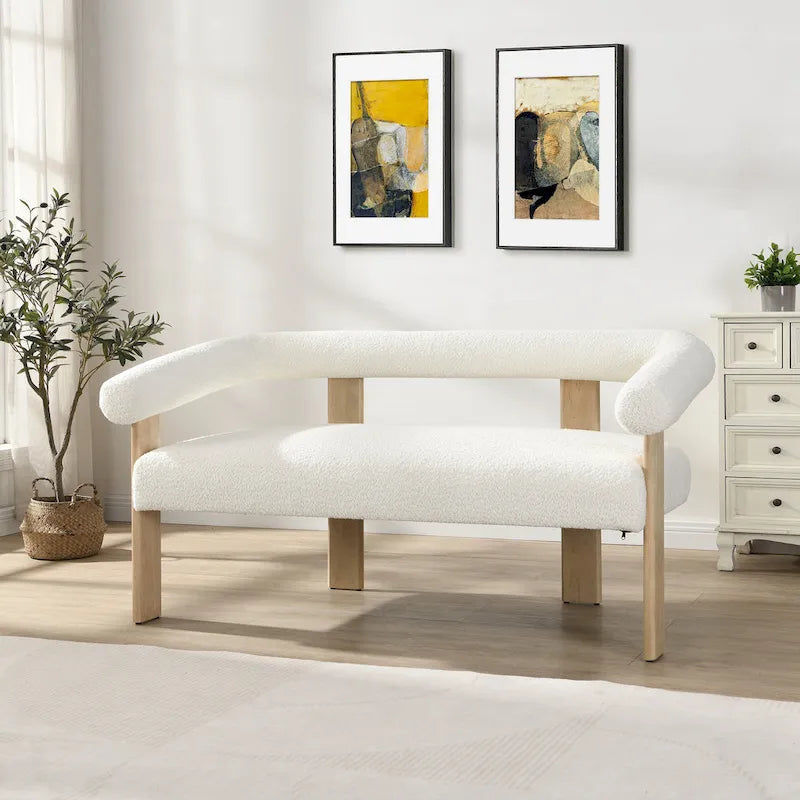 Green/Brown Round Armrest Upholstered Loveseat, 2-Seat, Rubberwood Frame
