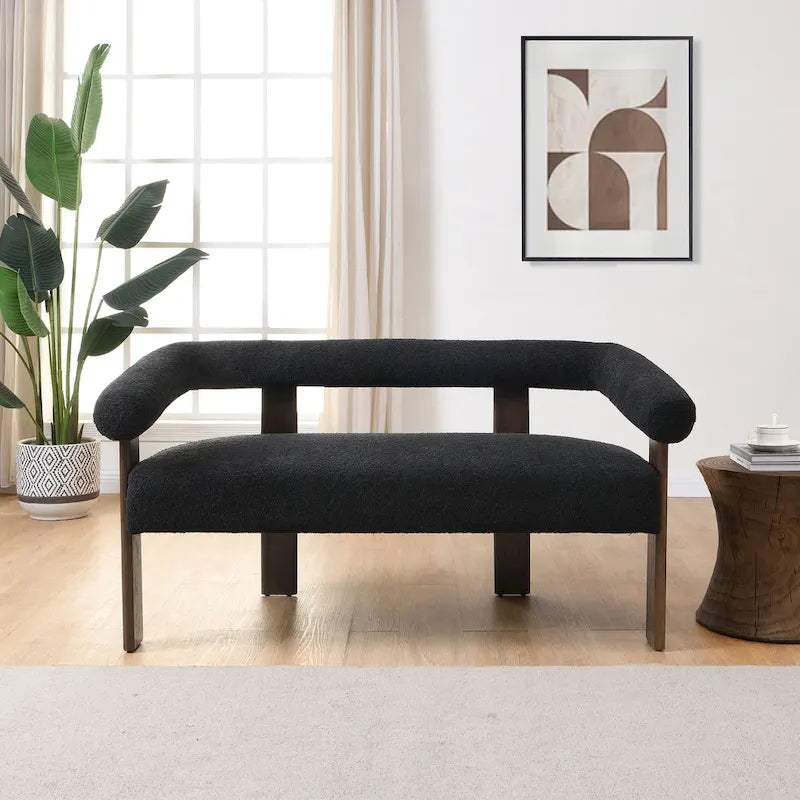 Green/Brown Round Armrest Upholstered Loveseat, 2-Seat, Rubberwood Frame