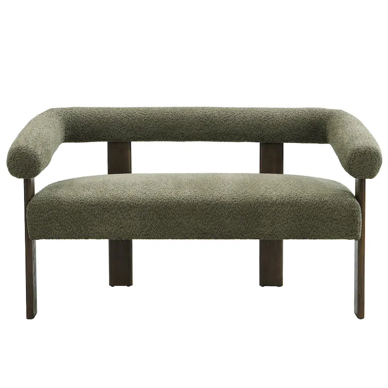 Green/Brown Round Armrest Upholstered Loveseat, 2-Seat, Rubberwood Frame