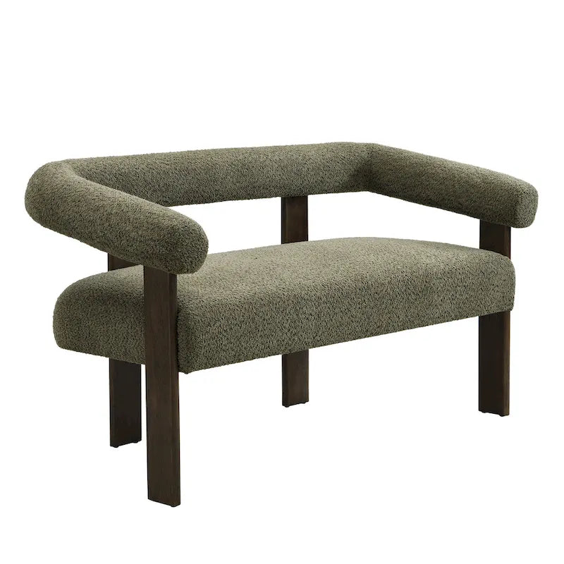Green/Brown Round Armrest Upholstered Loveseat, 2-Seat, Rubberwood Frame