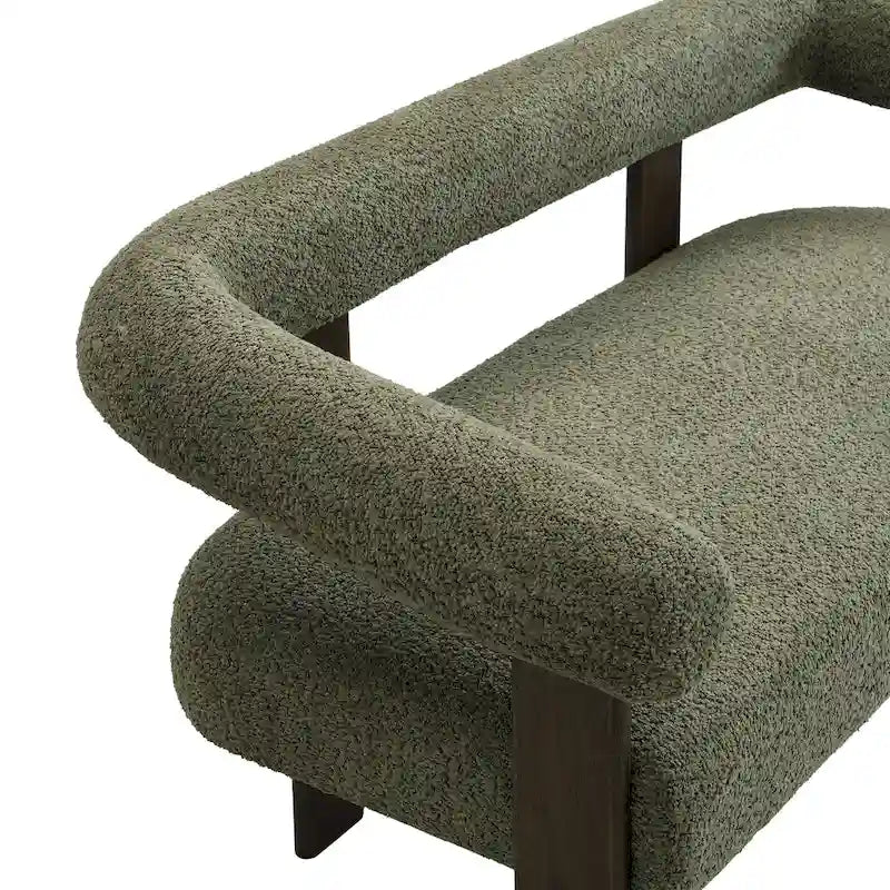 Green/Brown Round Armrest Upholstered Loveseat, 2-Seat, Rubberwood Frame