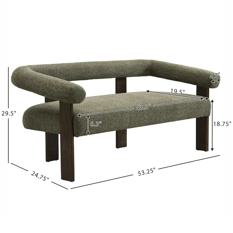 Green/Brown Round Armrest Upholstered Loveseat, 2-Seat, Rubberwood Frame