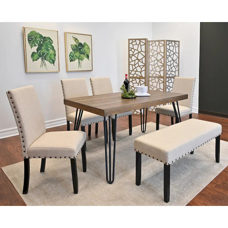 Dark Pine 6-Piece Dining Set with Hairpin Legs – Beige / Blue / Grey, Seats 6