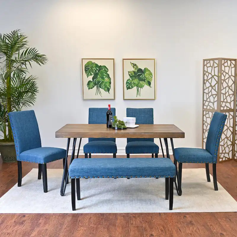 Dark Pine 6-Piece Dining Set with Hairpin Legs – Beige / Blue / Grey, Seats 6