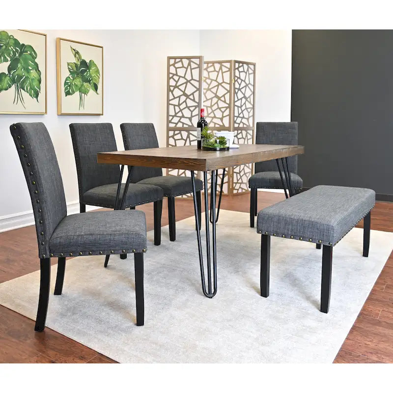Dark Pine 6-Piece Dining Set with Hairpin Legs – Beige / Blue / Grey, Seats 6