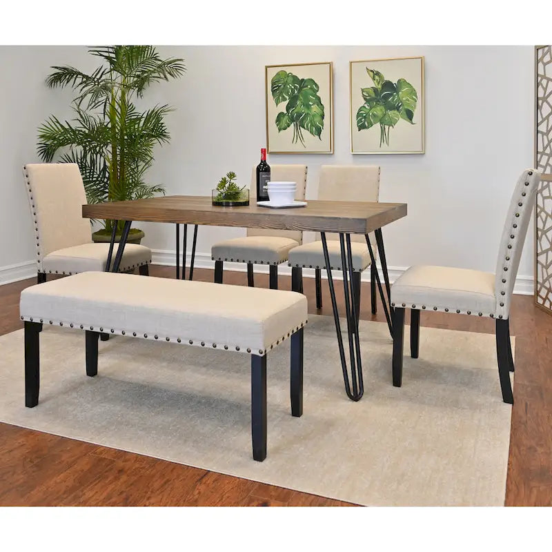 Dark Pine 6-Piece Dining Set with Hairpin Legs – Beige / Blue / Grey, Seats 6