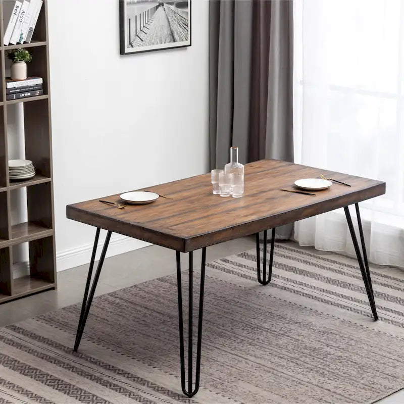 Dark Pine 6-Piece Dining Set with Hairpin Legs – Beige / Blue / Grey, Seats 6