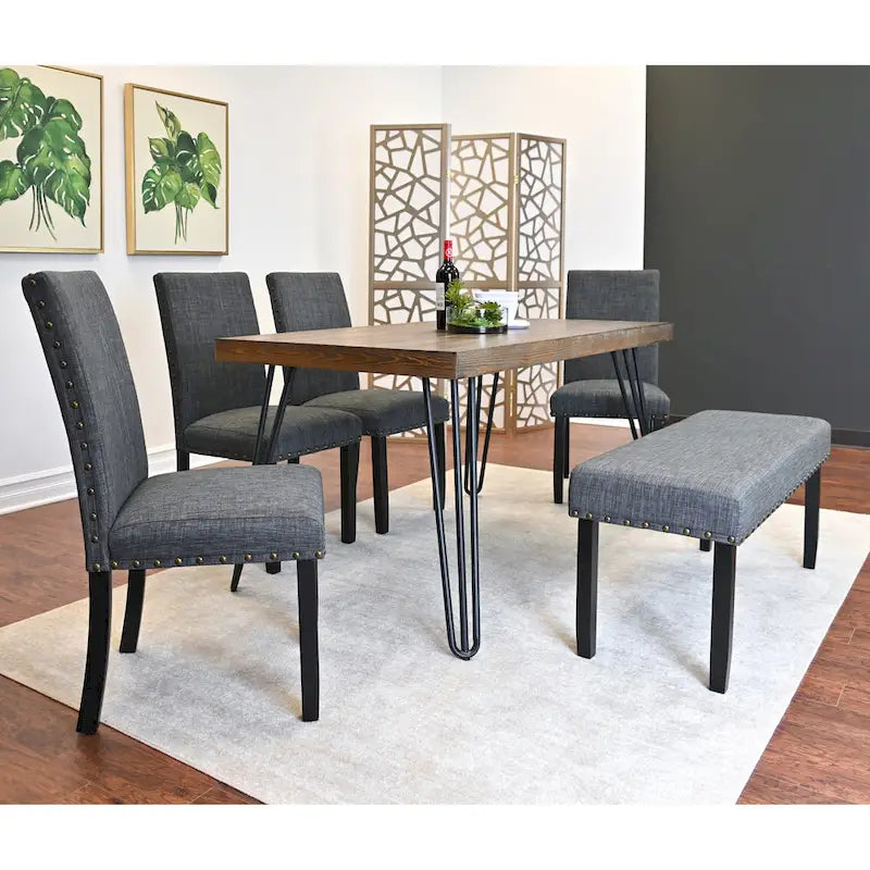 Dark Pine 6-Piece Dining Set with Hairpin Legs – Beige / Blue / Grey, Seats 6