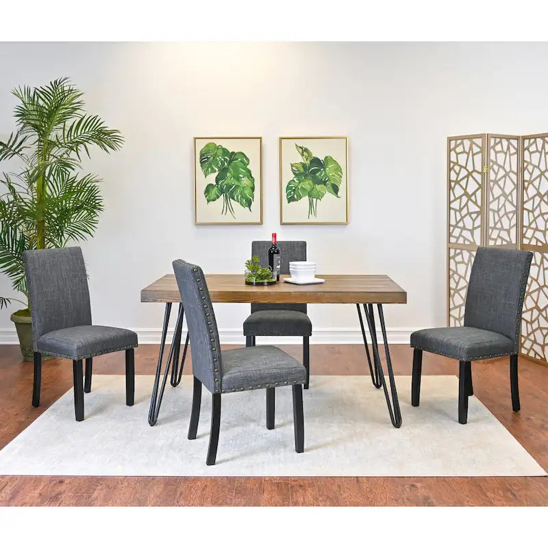 Dark Pine 6-Piece Dining Set with Hairpin Legs – Beige / Blue / Grey, Seats 6