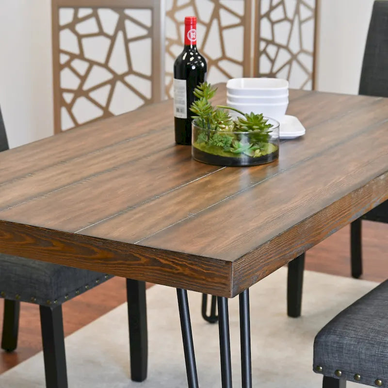 Dark Pine 6-Piece Dining Set with Hairpin Legs – Beige / Blue / Grey, Seats 6