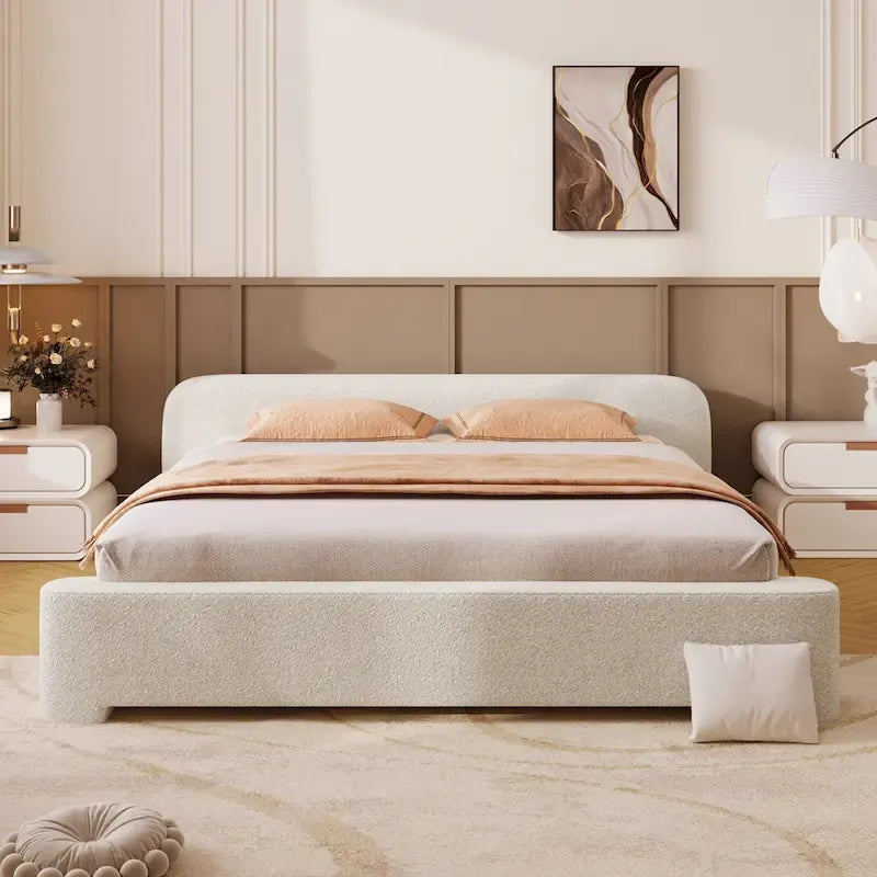 White Boucle Upholstered Platform Bed with Headboard, Queen, 1-Person