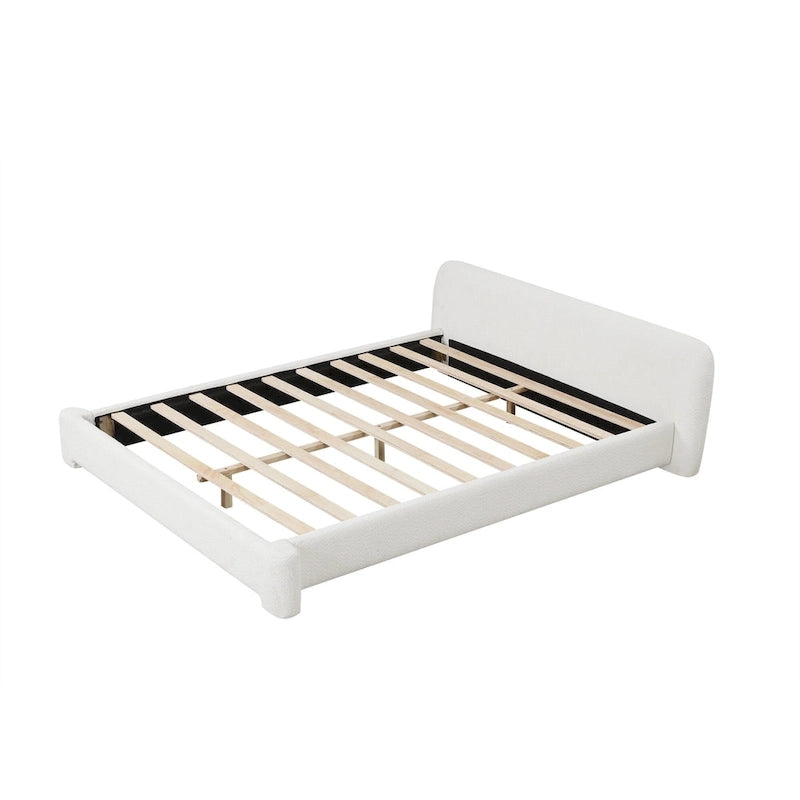 White Boucle Upholstered Platform Bed with Headboard, Queen, 1-Person