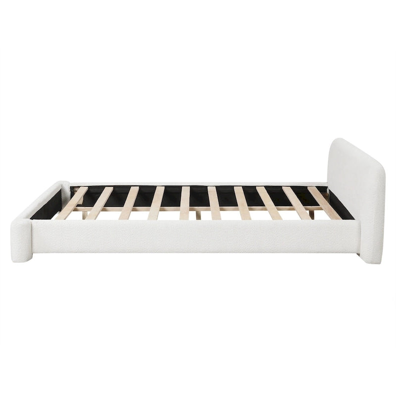 White Boucle Upholstered Platform Bed with Headboard, Queen, 1-Person