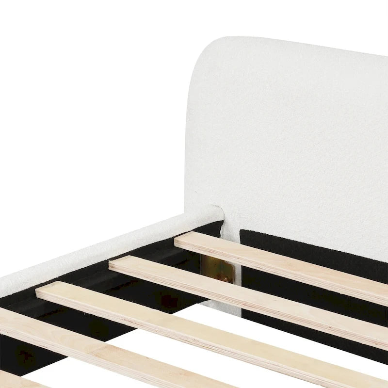 White Boucle Upholstered Platform Bed with Headboard, Queen, 1-Person