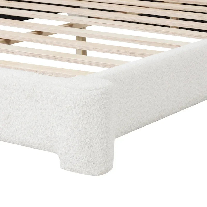 White Boucle Upholstered Platform Bed with Headboard, Queen, 1-Person