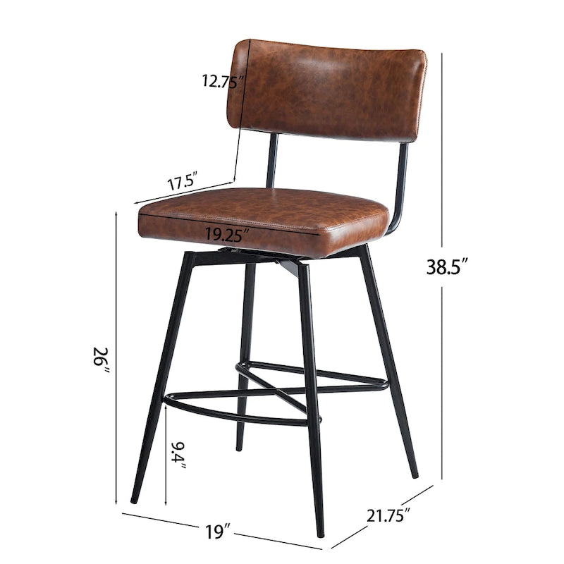 Brown Retro Swivel Counter Stool, Set of 2, PU Leather, Iron Frame