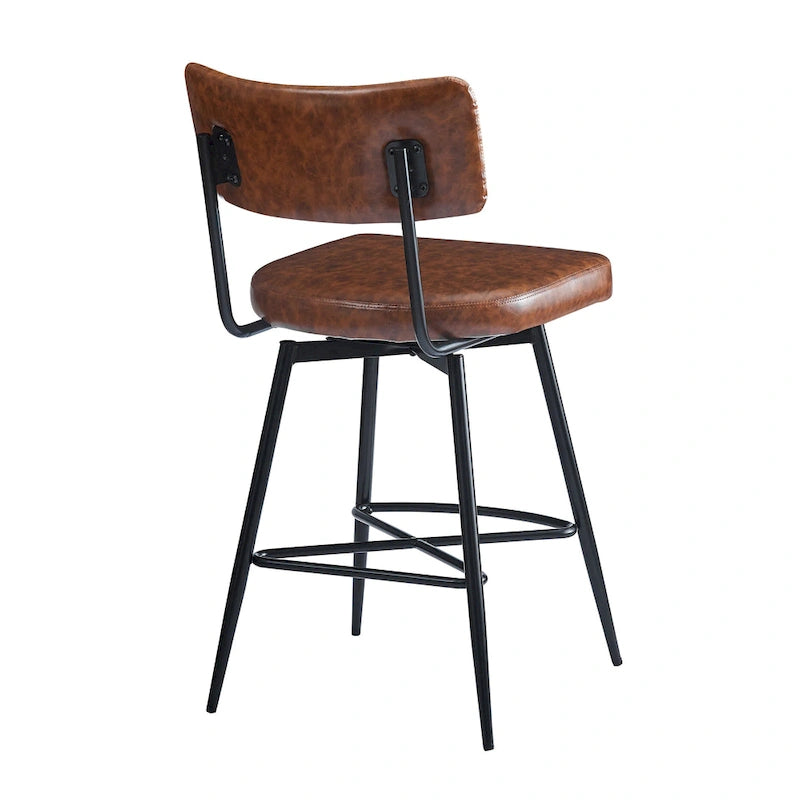 Brown Retro Swivel Counter Stool, Set of 2, PU Leather, Iron Frame
