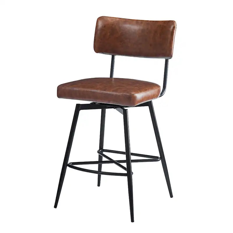 Brown Retro Swivel Counter Stool, Set of 2, PU Leather, Iron Frame
