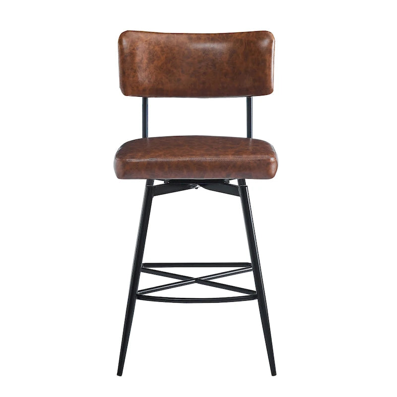 Brown Retro Swivel Counter Stool, Set of 2, PU Leather, Iron Frame