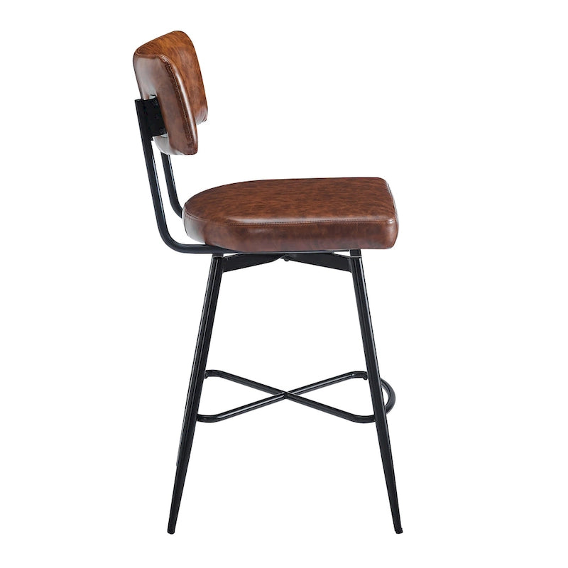 Brown Retro Swivel Counter Stool, Set of 2, PU Leather, Iron Frame