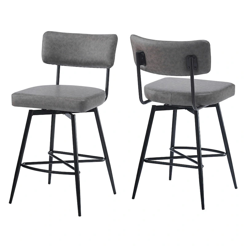 Brown Retro Swivel Counter Stool, Set of 2, PU Leather, Iron Frame