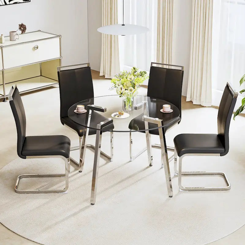 Black/Transparent/Gold Tempered Glass Square Dining Table, Seats 4