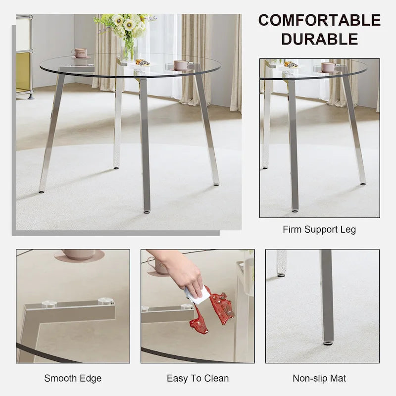 Black/Transparent/Gold Tempered Glass Square Dining Table, Seats 4