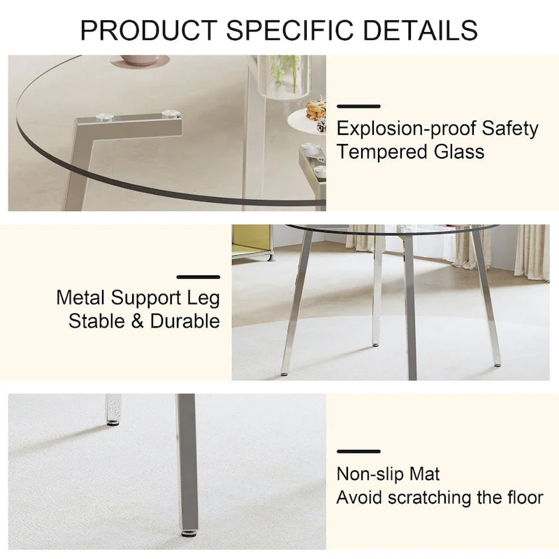 Black/Transparent/Gold Tempered Glass Square Dining Table, Seats 4
